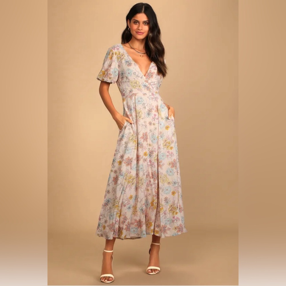 Lulu’s Flourishing Feelings Pink Floral Print Puff Sleeve Midi Dress Size Large